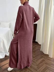 EURMUSE Women Solid Color Rib Knit Turtleneck Slit Detailed Long Sweater Dress & Sweater Pants Set - Rusty Rose - View 3