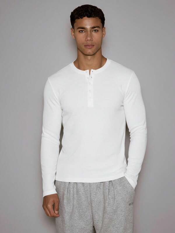 Musero Waffle Knit Front Popper Long Sleeve Top Layering Autumn Winter