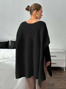 EURMUSE Women Drop Shoulder Cable Rib Knit Sweater Pullover - Black - View 6