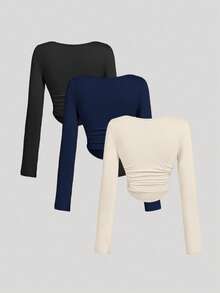 SHEIN MOD 3件套女士褶皱休闲方领长袖T恤套装，保暖衣物，秋季，外出上衣，假日，新年 - 彩色 - View 2