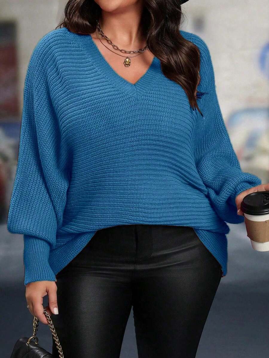 Auvina 大码女式纯色 V 领蝙蝠袖长袖宽松套头衫，秋冬 - 淺藍色 - 查看 1