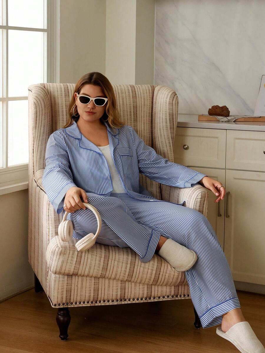SHEIN 3件套加大码睡衣套装：美式条纹翻领长袖上衣、直筒裤和白色吊带背心，秋冬服装 - 彩色 - 查看 1