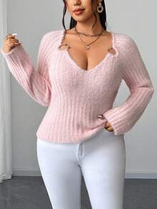 Elenzga Women's Regular Pink Casual Elegant Comfortable Temperament Solid Color Mink Chic Fur Deep V Neck Slim Fit Raglan Long Sleeve Metal Special-Shaped Ring Buckle Decoration Date Daily Party Plus Size Knitted Stretch SexyKnit Pullover Korean Style Top, Spring Fall Winter