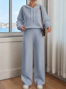 EURMUSE Women Solid Color Drop Shoulder Hooded Pullover & Sweater Pants Set - Baby Blue - View 2