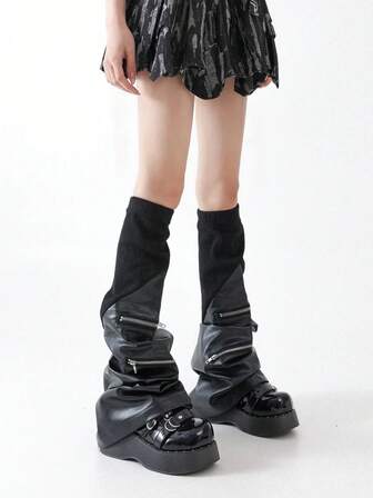 1 Paar dunkle Goth Punk Reißverschlusstaschen Kunstleder Beinwärmer, Y2K Baddie Streetwear Mode, minimalistischer wilder Stil geeignet für Uni, Einkaufen, Party, Halloween, Musikfestival