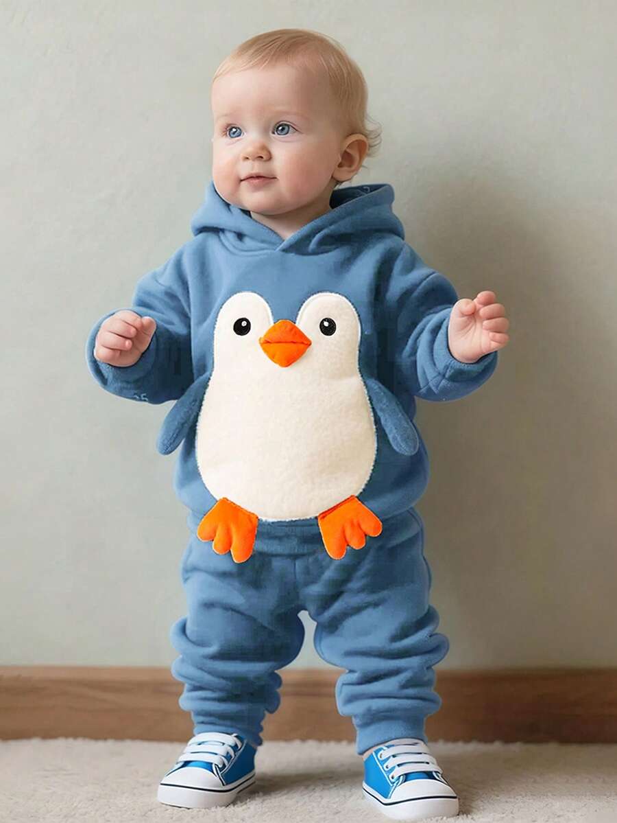 SHEIN 男童可爱企鹅刺绣卫衣和裤子套装 - 藍色 - 查看 1
