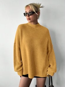 EURMUSE 女士纯色立领落肩长袖侧开衩下摆休闲宽松毛衣，秋冬款 - 橘色 - 查看 6