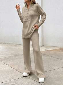 EURMUSE Elegant Cable Knit Sweater With Zipper & Sweater Pants Co-Ords