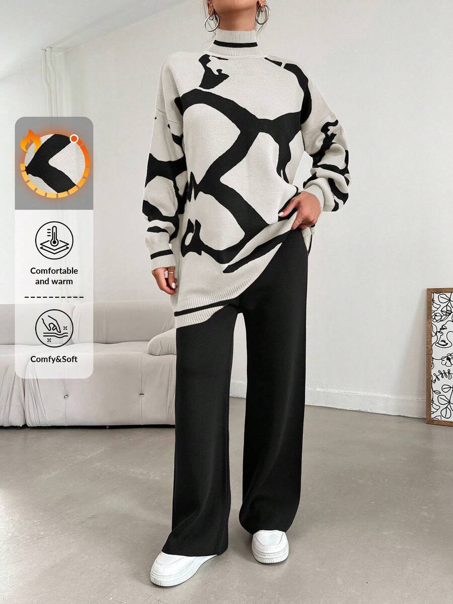 EURMUSE Women's Printed Long Sweater And Knitted Long Pants Set - White - View 1