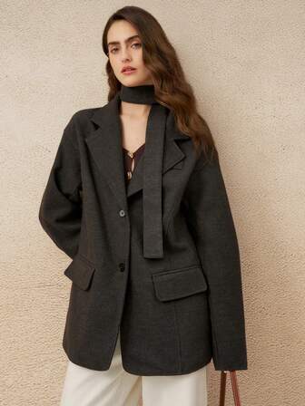 Cévolie Women's Autumn/Winter French Retro High-End Notched Collar Single-Breasted Loose Versatile Woolen Scarf Tie Blazer Jacket