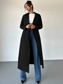 Firerie 女士优雅休闲通勤办公室时尚海军蓝长袖双排扣口袋收腰长款风衣夹克，秋季 - 黑色 - 查看 12