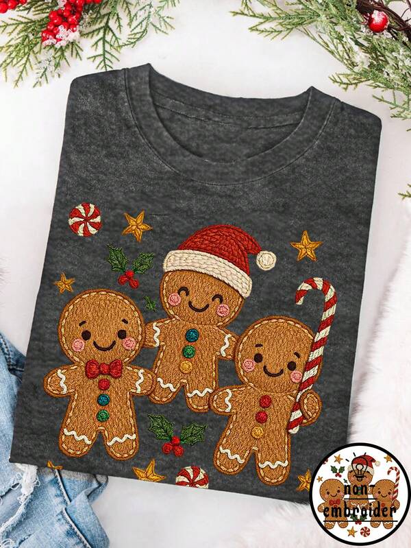 EMERY ROSE Camiseta casual de talla grande con estampado de hombre de jengibre navideño