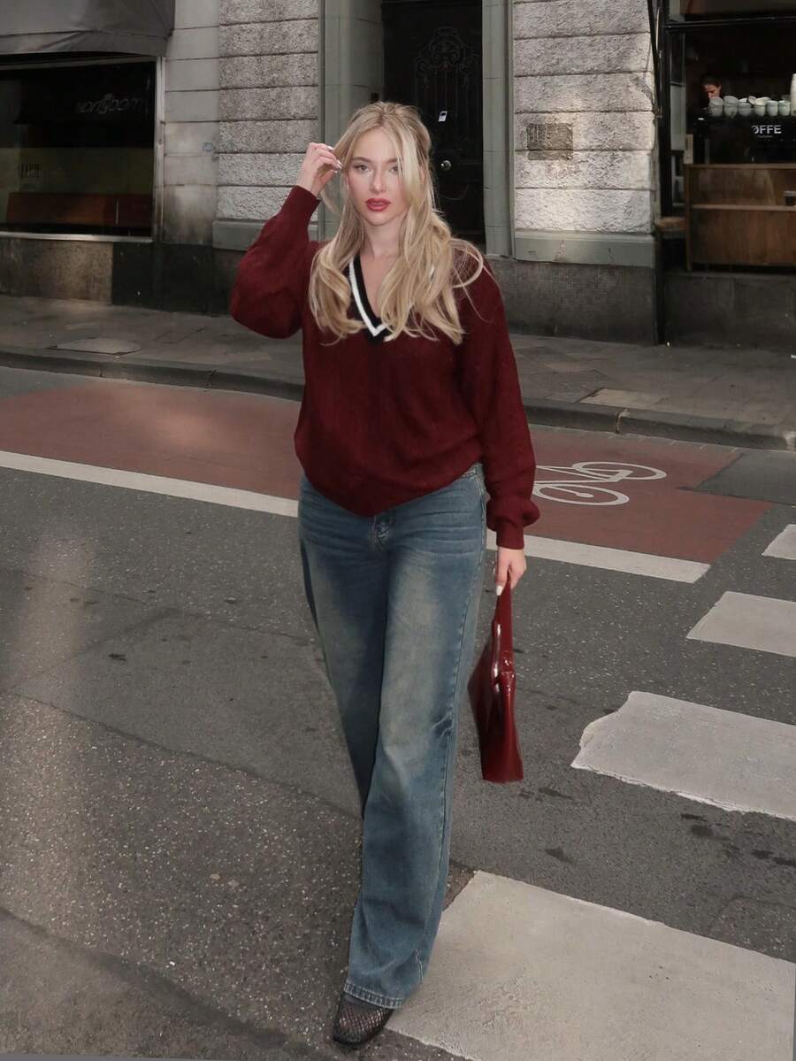 Turnttoni Maglione semplice con girocollo, maniche lunghe, con patchwork a contrasto di colore, indossabile in modo casual tutti i giorni, maglie a maniche lunghe - Bordò - Visualizzare 1