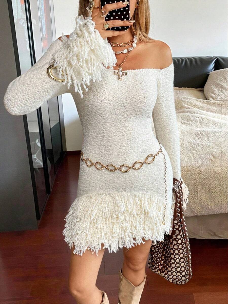 Siren Gaze Asymmetric Shoulder Long Sleeve Knit Fitted Mini Dress, Ribbed Cuffs Detail Bodycon Knit Dress, Holiday Elegant Cute Boho Style, Festival, Concert, Ibiza Outfit Autumn Winter Clothes For Women Chic - Apricot - View 1