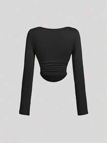 SHEIN MOD 3件套女士褶皱休闲方领长袖T恤套装，保暖衣物，秋季，外出上衣，假日，新年 - 彩色 - View 7
