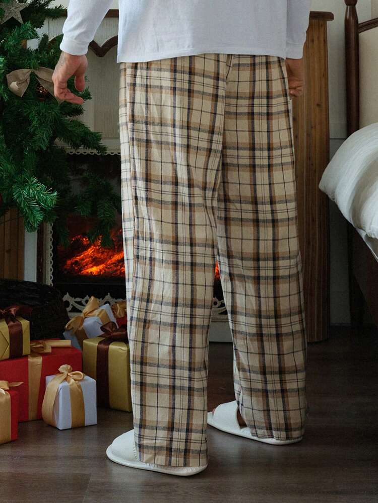 Solid Color Plaid Fabric Elastic Waist Khaki Men's Lounge Pants, Autumn, New Year, Christmas, Winter
