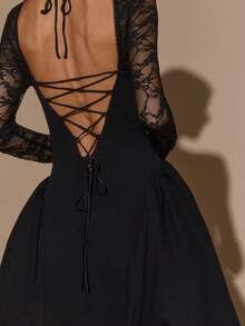 SHEIN BAE Women's Elegant Black Long Sleeve Lace Peplum Dress, Backless Hollow Out Design,Perfect For Night Out,Autumn Party,Cocktail & Wedding Guest - Black - View 7