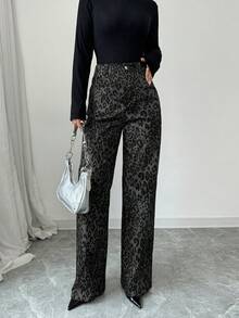 Airlisse 豹纹直筒裤，休闲高腰宽松阔腿工装裤 - 深灰色 - 查看 4