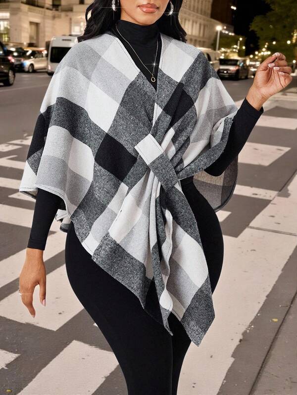 SHEIN Lady Abrigo de lana con estilo de poncho a cuadros elegante para mujer, otoño