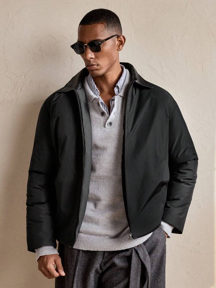 Men's Solid Color Drop Shoulder Long Sleeve Warm Zip-Up Casual Padded Coat, Winter