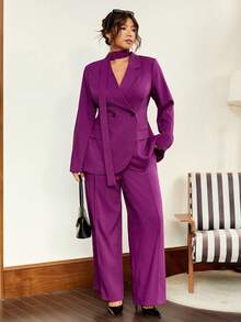 Vionelle Plus Size Women's New Suit Set, Elegant Commuter Suit 2 Pieces Set, Casual Business Outfit, Loose Lapel Long Sleeve Blazer And Straight Elastic Waist Pants 2 Pieces Suit Women Classy Women Suit Women Purple Suit Office Outfits For Women Set Pant Suit Set