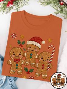 EMERY ROSE Christmas Plus Size Women Gingerbread Man Graphic Round Neck Casual Loose T-Shirt - Brown - View 1