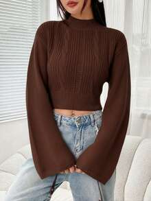 SHEIN EZwear 秋冬简约休闲咖啡棕色立领喇叭袖长袖短款毛衣 - 咖啡棕 - 查看 6