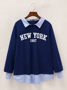 SHEIN EZwear Sudadera informal de talla grande con estampado de rayas, parches y letras, otoño