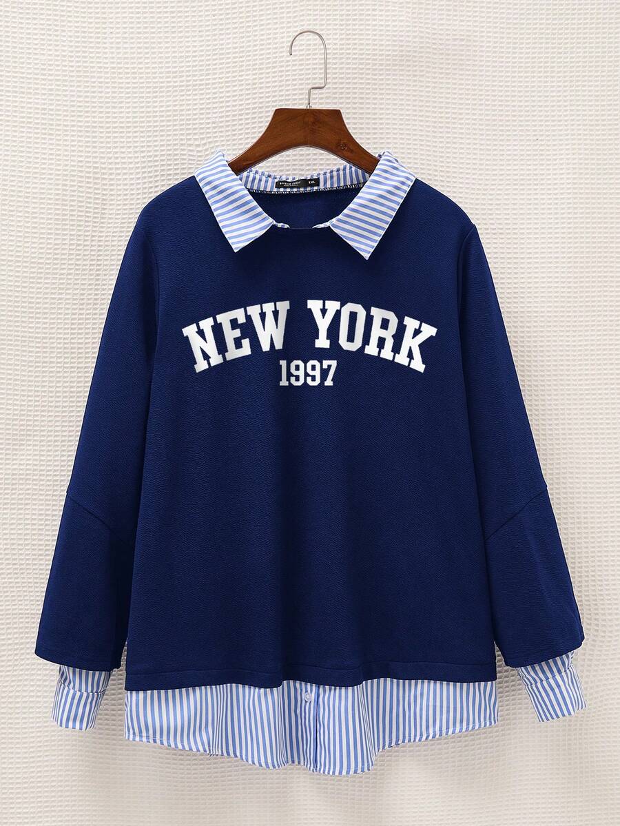 SHEIN EZwear Sudadera informal de talla grande con estampado de rayas, parches y letras, otoño