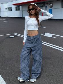 Livesso 女式时尚数码印花格子菱形水钻闪亮新年圣诞婚礼派对直筒休闲牛仔裤，秋季/春季 - 藍色 - 查看 5