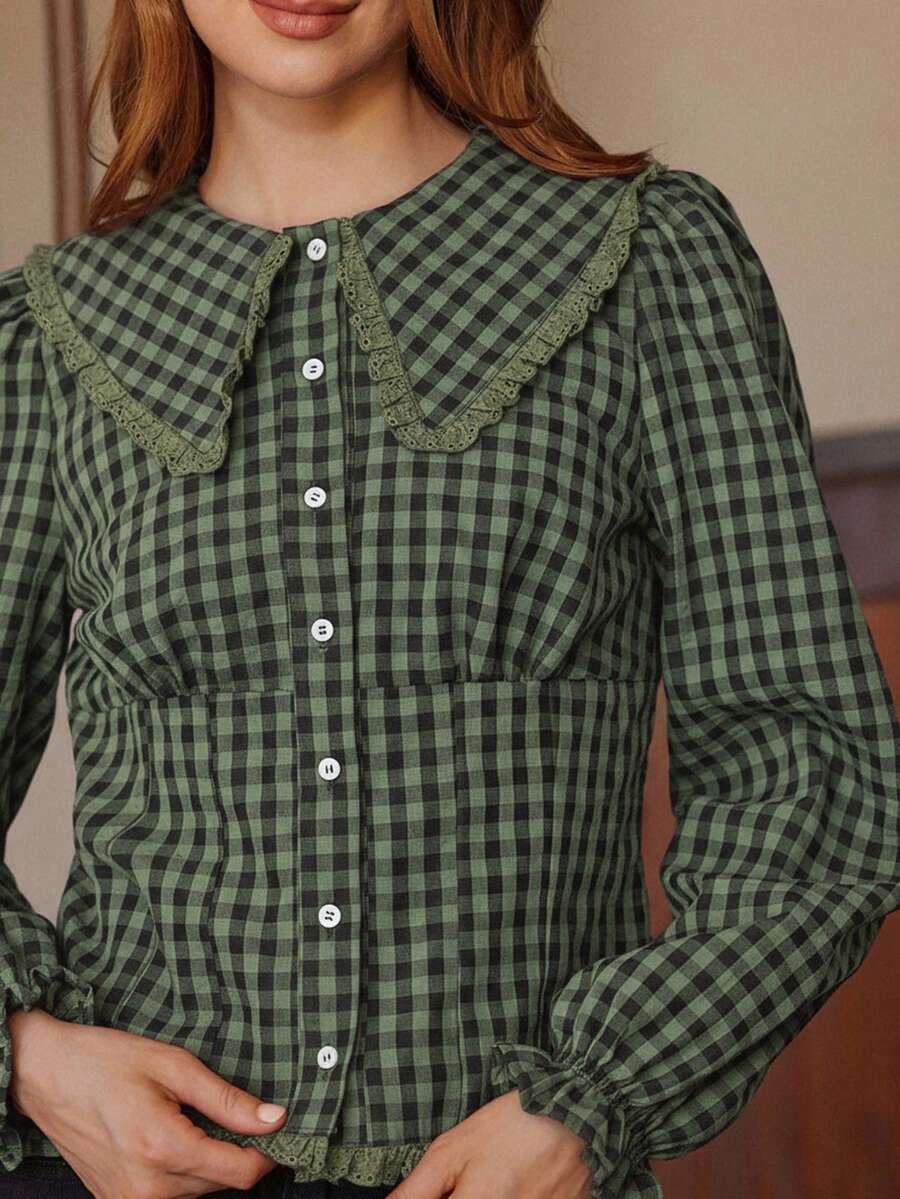 WESTFADE Women Gingham Collar Button Front Fitted Long Sleeve Shirt Cute Fall Country Concert - Olive Green - View 1