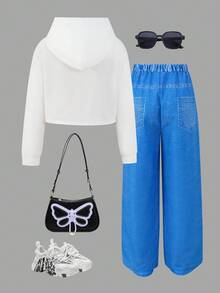 Sparklyn Tween Girls 休闲百搭日常涂鸦图案连帽短款卫衣 + 牛仔涂鸦宽松长裤套装 - 彩色 - 查看 2