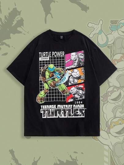 TEENAGE MUTANT NINJA TURTLES X ROMWE Men's Casual Letter & Turtle Print Short Sleeve T-Shirt, Summer