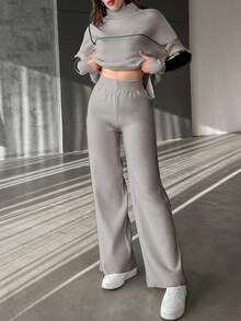 EURMUSE 2 pièces Ensemble Top et pantalon casual pour femmes, de couleur unie, avec col panneau et manches longues - Beige - Voir 3
