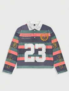 ROMWE MEN Prep 男士撞色条纹字母印花长袖 T 恤