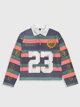 Prep Maglietta a maniche lunghe da uomo con strisce a contrasto e stampa di lettere