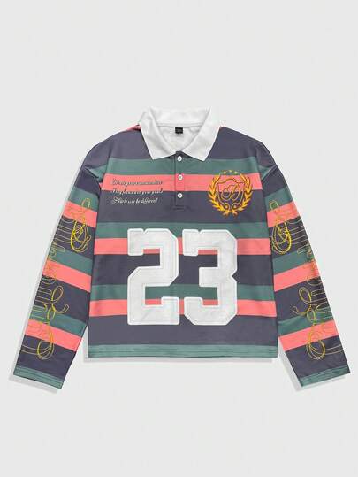 Camiseta de manga larga con rayas de contraste y estampado de letras para hombre