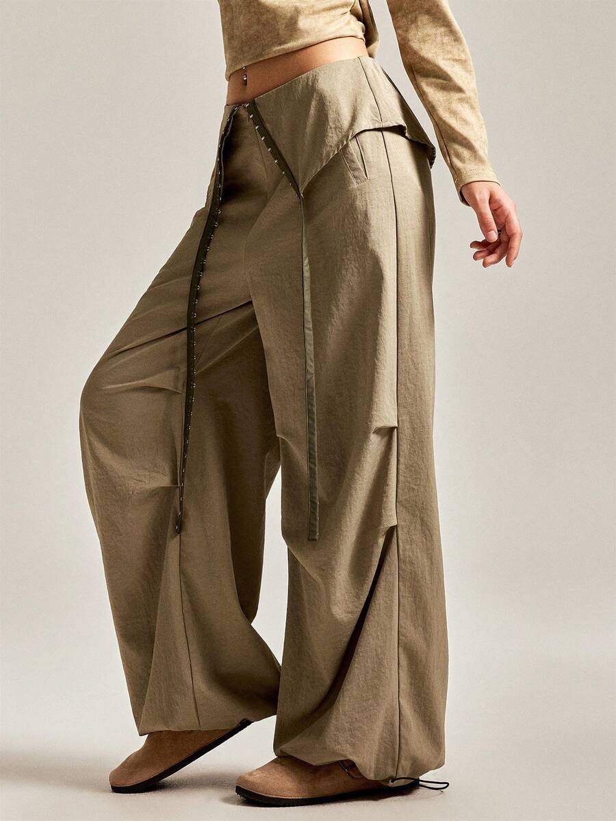 Easelle Casual Pleated Metal Decorative Military Style Vintage Nomadic Wide Leg Sexy Low Waist Women Pants