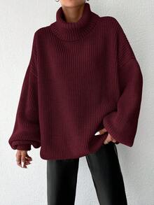 EURMUSE Women's Solid Color High Neck Drop Shoulder Long Sleeve Loose Casual Sweater, Autumn/Winter - Burgundy - View 4