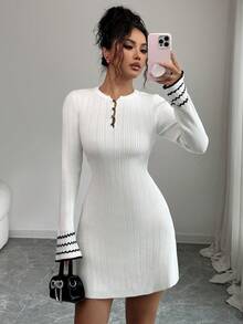 Elenzga Round Neck Button Striped Flare Sleeve Contrast Color Ruffle Hem Hollow A-Line Sweater Dress For Women - Multicolor - View 1