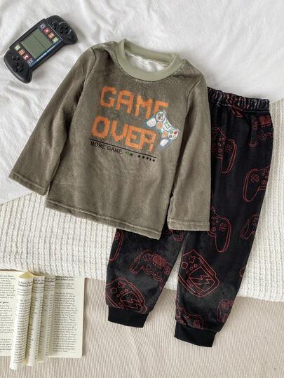 2件套男童双面法兰绒卡通游戏图案柔软舒适睡衣套装