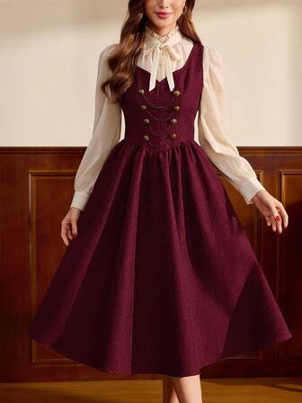 Vintamour Vintage Elegant Women's Dress With Pockets Double-Breasted Chain Metal Button Casual Vacation Dress Autumn Fall Outfits Red,Red Dress,Christmas,New Year Dress Burgundy School