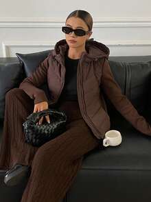 DAZY 女式修身拼布夹棉大衣，秋冬 - 棕色 - 查看 7