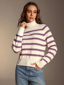 SHEIN Unity Classic Striped Turtleneck Long Sleeve Knit Sweater, Soft Vibe, Autumn/Winter - Multicolor - View 3