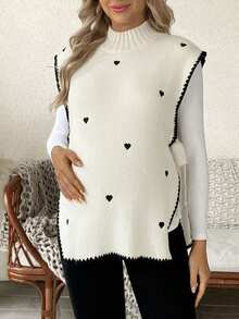 SHEIN Pregnant Women's Heart Pattern Side Tie Casual Knitted Vest, Autumn/Winter - Apricot - View 4