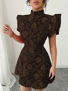 Elenzga Women's Vintage Red Textured Fabric Puff Sleeve Elegant High Neck Backless Bow Contrast Color Cutout Waist Slim Fit Unique Design Mini Dress, Summer - Coffee - View 6