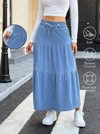 Flexra 女式休闲日常通勤抽绳腰部分层下摆牛仔半身裙