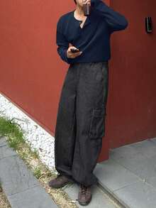 DAZY 男士纹理纯色海军蓝基础款半拉链T恤商务装 - 藏蓝色 - 查看 3