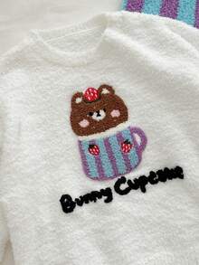 Genkimix Kids 少女可爱字母&熊图案圆领毛衣和条纹裤套装，秋冬 - 彩色 - 查看 3