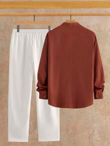 Manfinity VCAY Men's Casual Solid Color Long Sleeve Shirt And Drawstring Waist Long Pants Set, Suitable For Spring And Autumn Daily Commute - Multicolor - View 2